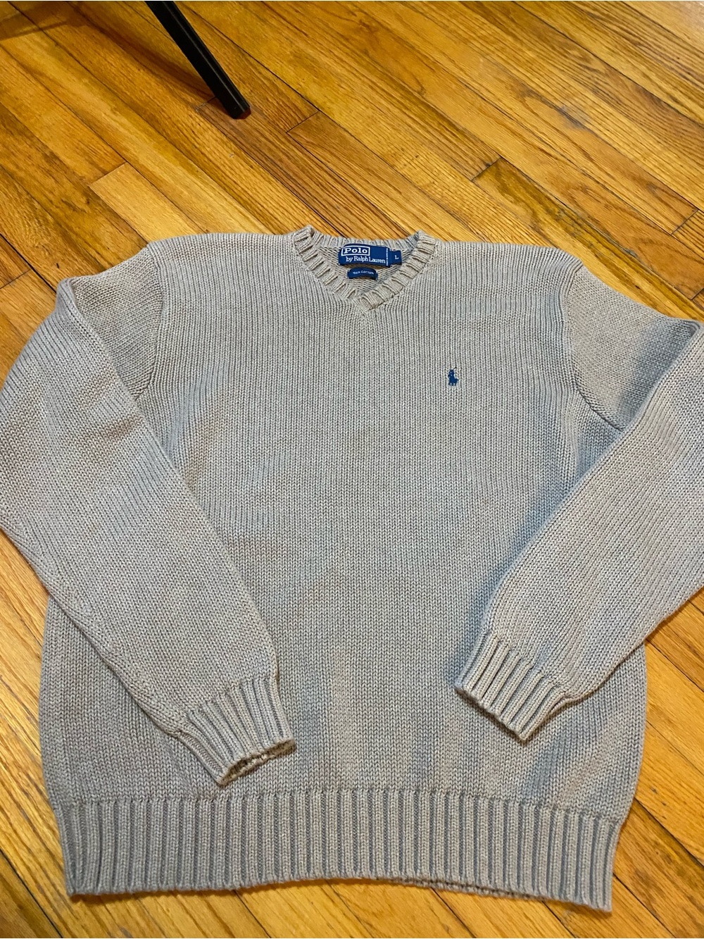 Vintage 90’s Blue Pony Polo by Ralph Lauren Men's V-Neck Cotton Sweater Beige L